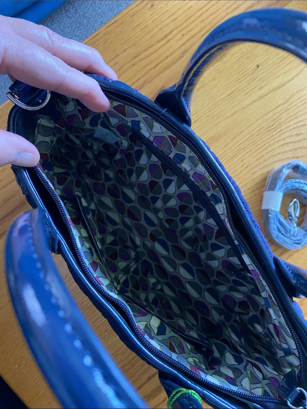 Vera Bradley Classic Navy Microfiber Trimmed Trapeze Satchel & Detachable Strap